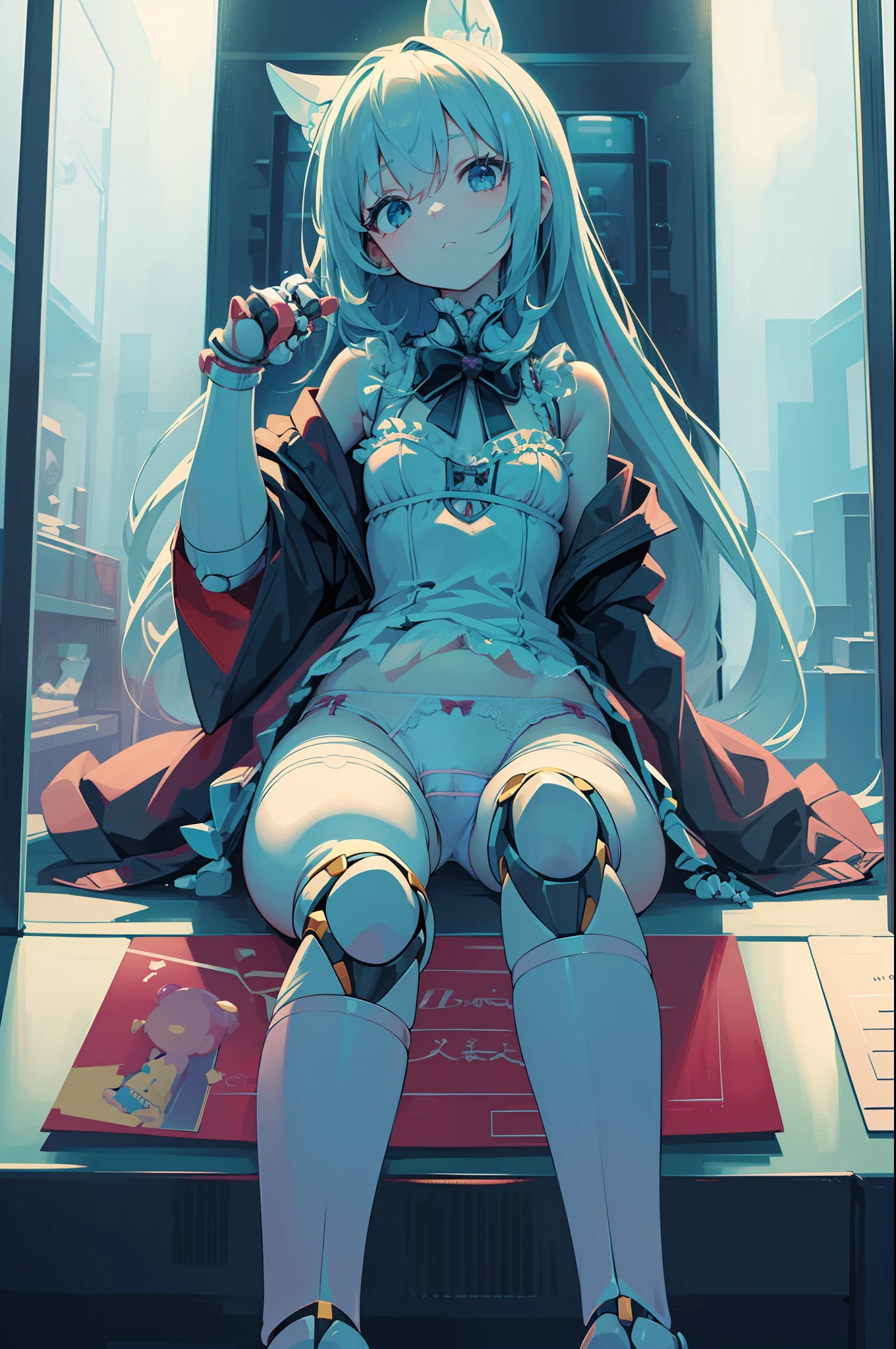 1 toy girl , cute, ((artificial joints)), looking away, (sitting in the glass case), head tilt, ((underwear)) ,((masterpiece)), ((best quality)), ((ultra-detailed)), (illustration), ((an extremely delicate and beautiful))