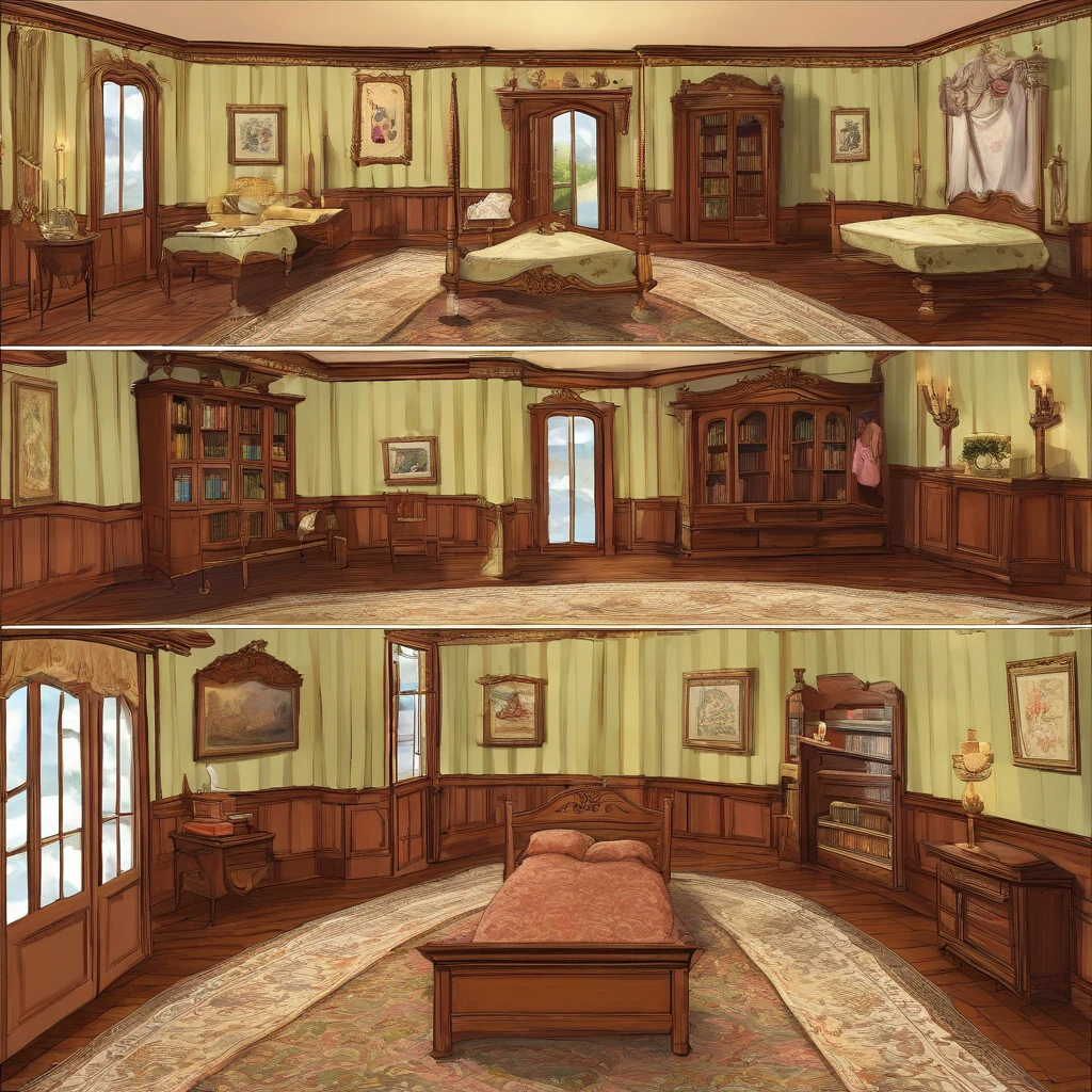 There is a room with ( a bed in the middle of the room ), (a desk with a pencil, a notebook and a textbook), (a chair in front of the desk), (a wardrobe with double doors ), a carpet, a wall clock, a wall painting, (a bookcase with several books on its shelves), a full-length mirror. The room has the same dimensions in width, breadth or depth. This is a game screenshot. This image captures the furniture, home and lifestyle of 1900s America.