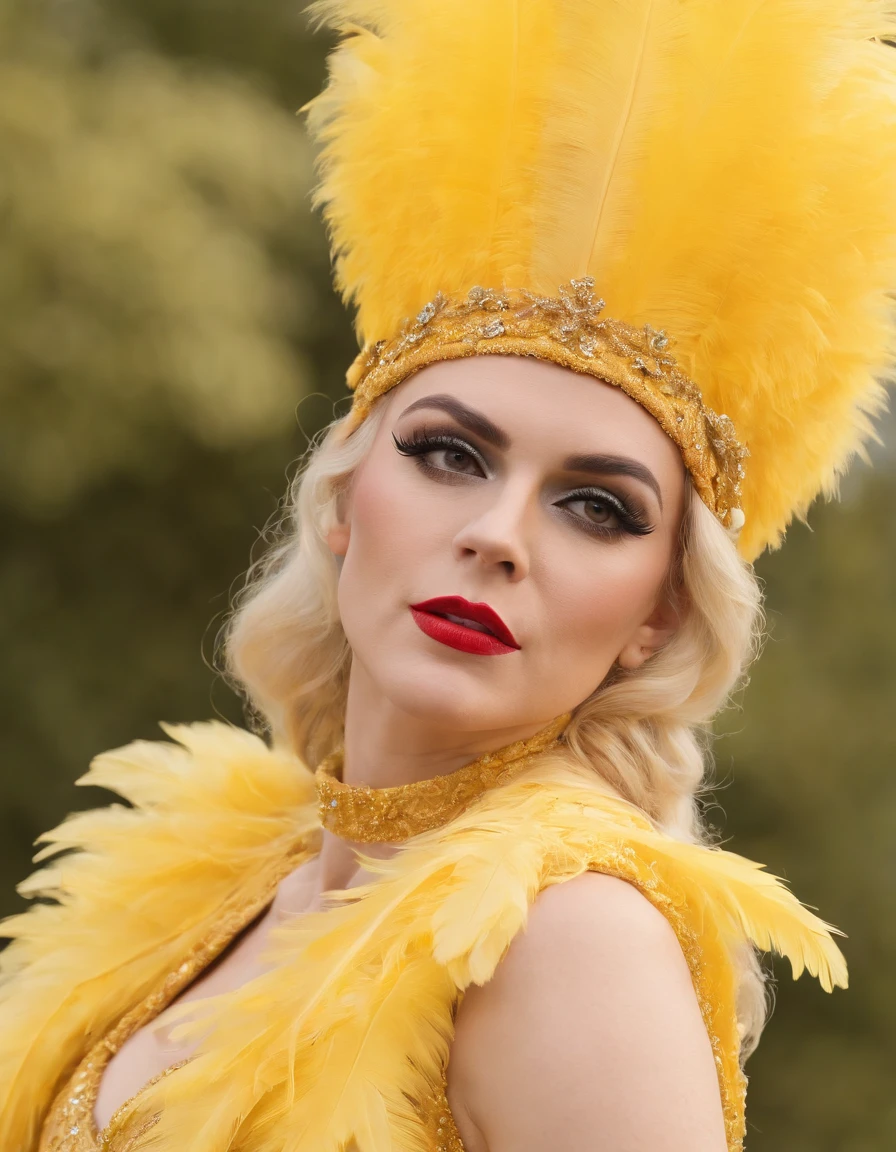 a drag queen in a very outfit holds a yellow feather in her hat, in the style of queencore, rebecca sugar, shiny eyes, beautiful, frenchy, petrina hicks, uniformly staged images, realistic --ar 14:20 --v 5