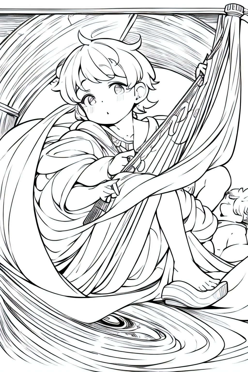Little Cupids Boys Playing Music,3:1、Little cupid of a boy playing harp or lute、Decorative panels for notes and sheet music、Abstract、Sketched、Character Line、Scenes without color or shadows。
(​masterpiece、top-quality、hight resolution:1.4)、detaileds、intricate-detail、4K、color splashes、line-drawing、Fibonacci、