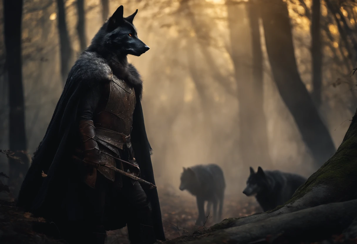 (black wolf costume, wounded back:1.1,strong wolf:1.1,tall and strong,body muscles,strong shoulders,sharp claws:intense,ferocious stare:1.1)
(oil painting:1.1,vibrant colors,high contrast,dramatic lighting,texture:1.1)
(wolf in medieval costume:1.1,armor:1.1, torn and stained,cloak with intricate embroidery)
(eerie forest backdrop:dense trees,misty atmosphere)
(arrow lodged:1.1,piercing through back,intense pain:blood dripping,epic battle scene:1.1)
(fierce expression:1.1,glowing yellow eyes,determined)
(struggling to stand:1.1,steadfast,bloodied paws,resilient)
(ashes in background:1.1,smoky atmosphere:1.1)
(cigarette in mouth:1.1,smoke swirls:1.1,mysterious:1.1)
(burning cigarette tip:1.1,glowing ember)
(dark color palette,muted tones,hint of red)
(masterpiece:1.2,realistic:black wolf in costume,deep emotion,attention to detail:1.2,rich textures:1.1)