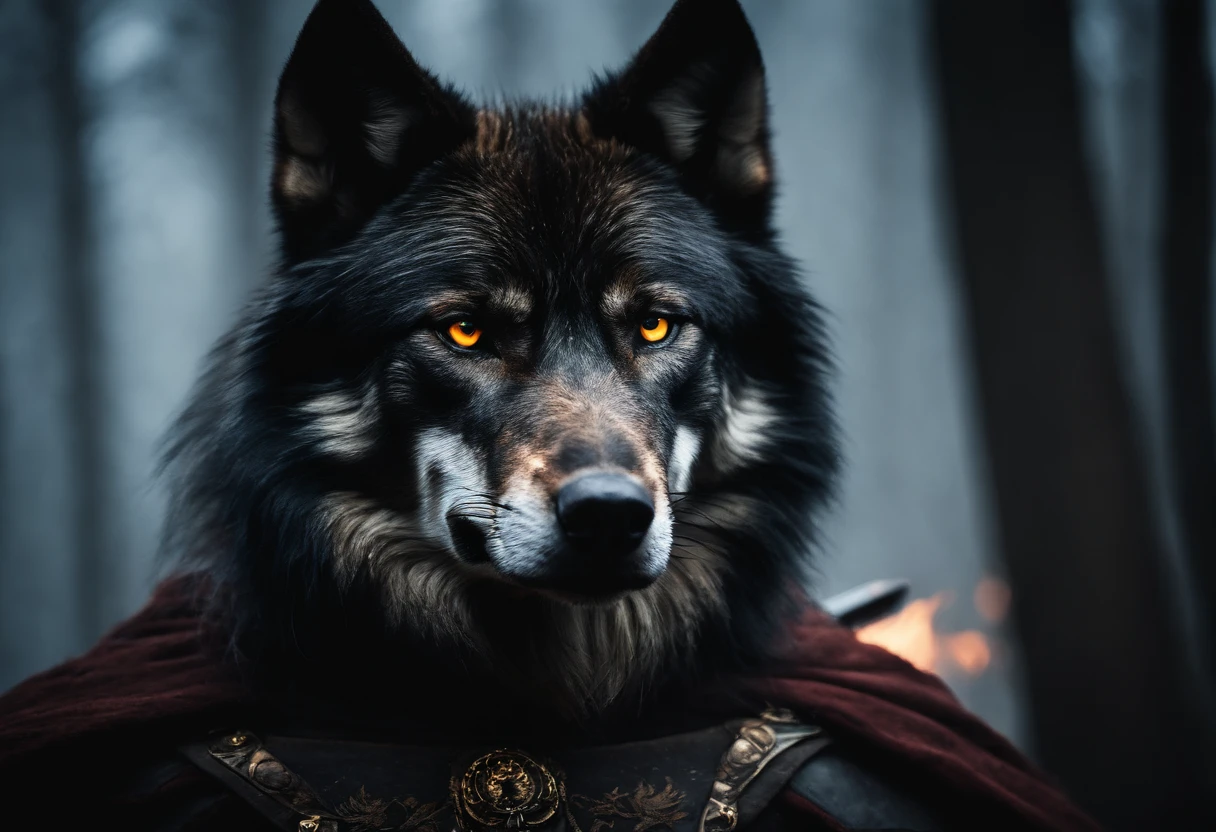 (black wolf costume, wounded back:1.1,strong wolf:1.1,tall and strong,body muscles,strong shoulders,sharp claws:intense,ferocious stare:1.1)
(oil painting:1.1,vibrant colors,high contrast,dramatic lighting,texture:1.1)
(wolf in medieval costume:1.1,armor:1.1, torn and stained,cloak with intricate embroidery)
(eerie forest backdrop:dense trees,misty atmosphere)
(arrow lodged:1.1,piercing through back,intense pain:blood dripping,epic battle scene:1.1)
(fierce expression:1.1,glowing yellow eyes,determined)
(struggling to stand:1.1,steadfast,bloodied paws,resilient)
(ashes in background:1.1,smoky atmosphere:1.1)
(cigarette in mouth:1.1,smoke swirls:1.1,mysterious:1.1)
(burning cigarette tip:1.1,glowing ember)
(dark color palette,muted tones,hint of red)
(masterpiece:1.2,realistic:black wolf in costume,deep emotion,attention to detail:1.2,rich textures:1.1)