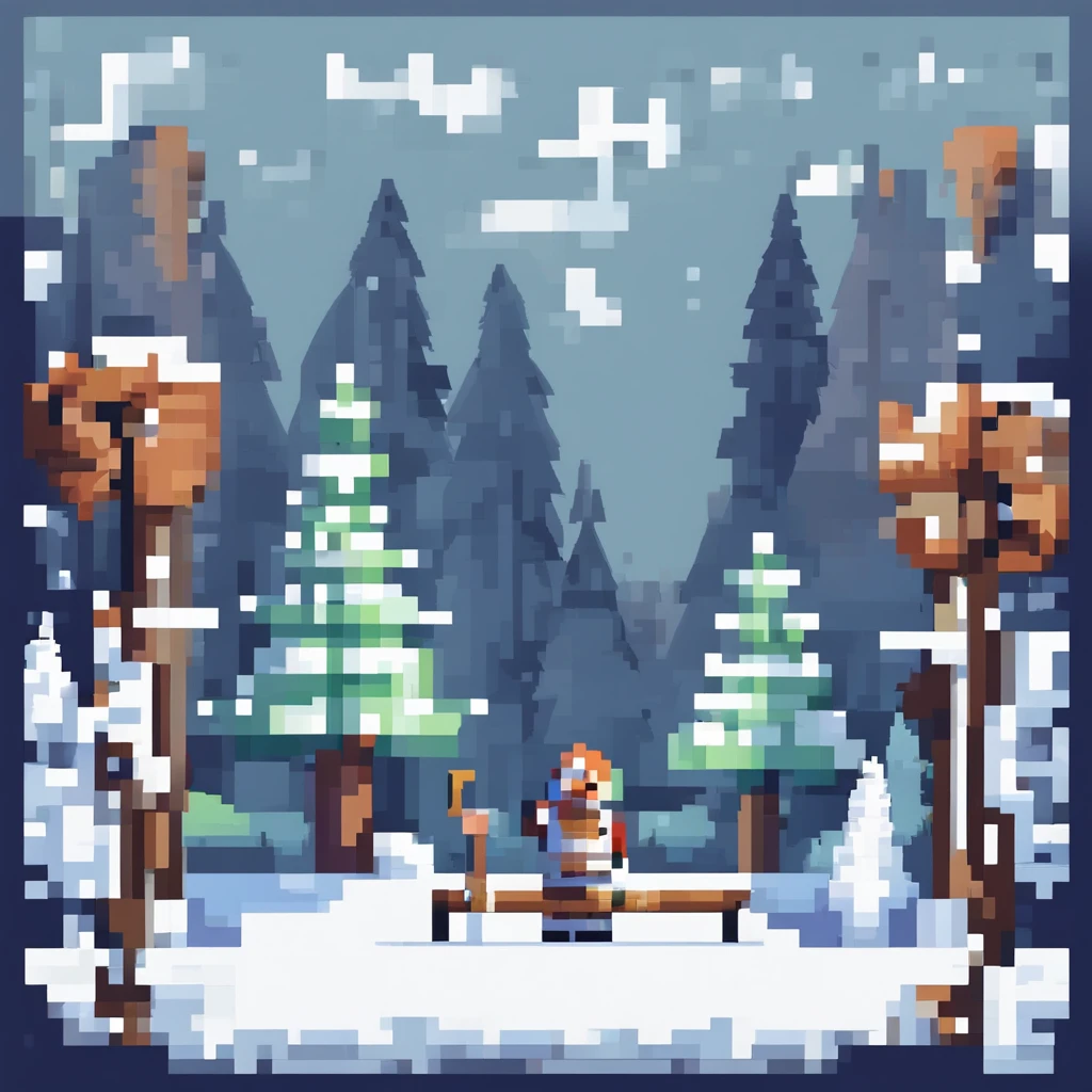 personagem com espada, fundo de floresta nevando