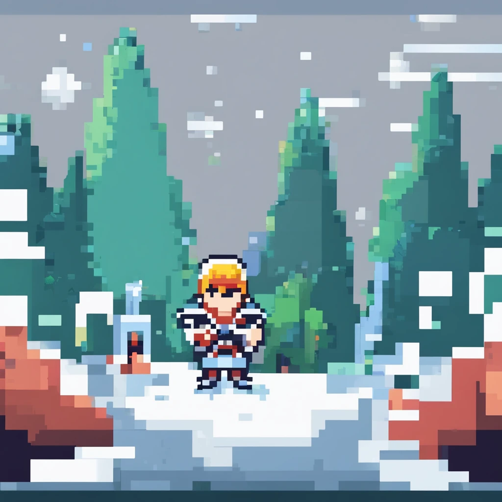 personagem com espada, fundo de floresta nevando