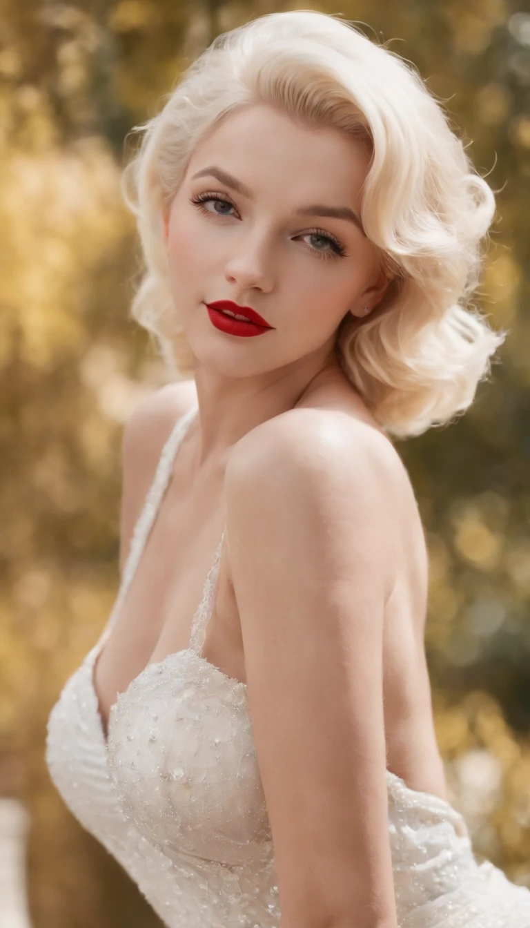 Marilyn Monroe,Wearing tulle transparent erotic underwear,Pose sexy seduction,Sitting by the pool,Full body photo,Silk slip dress,The skirt corner flew up,Cover your skirt,American street view,early evening,Backlight