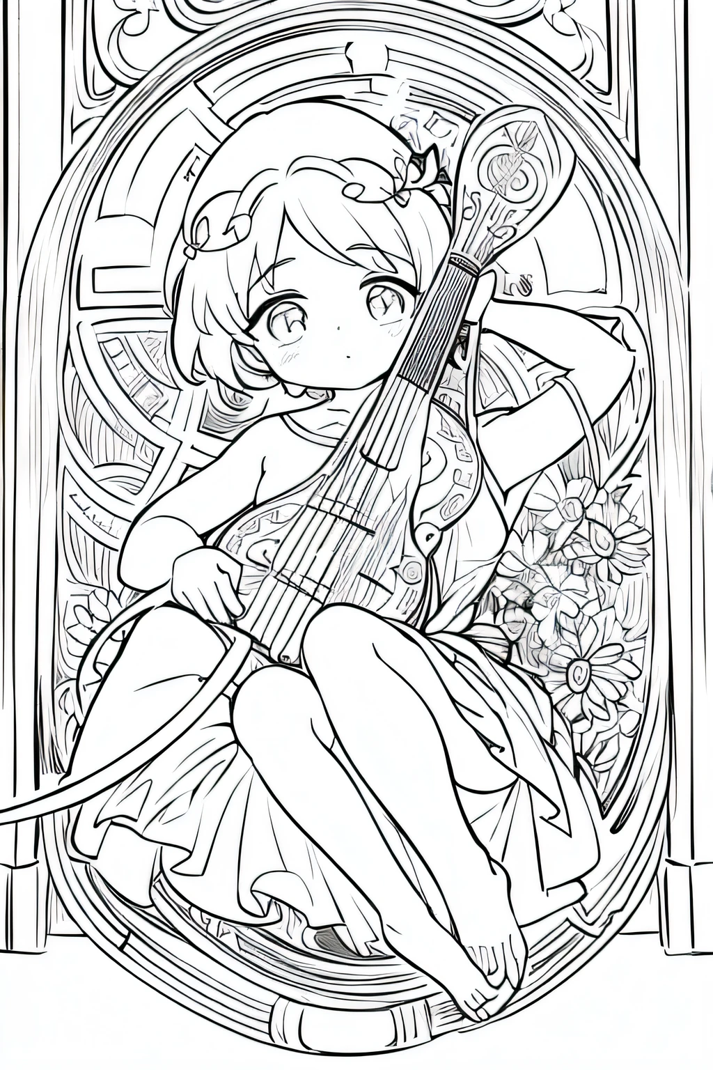 Little Cupids Boys Playing Music,3:1、Little cupid of a boy playing harp or lute、Decorative panels for notes and sheet music、Abstract、Sketched、Character Line、Scenes without color or shadows。
(masterpiece、top-quality、hight resolution:1.4)、detaileds、intricate-detail、4K、color splashes、line-drawing、Fibonacci、