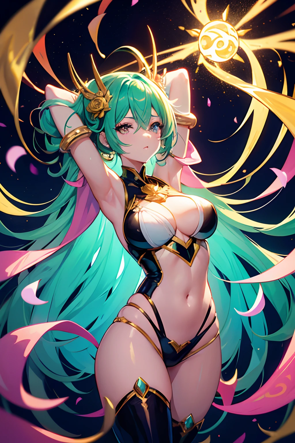A villain in the style of Mahou Shoujo (magical girl) She is a young adult with long, voluminous mint green and bubblegum pink hair, Your skin is milk chocolate tone and golden eyes, She wears a golden eyepatch and clothes that are gold and purple and holds a golden rose that stretches across her arm like a spiral bracelet of golden thorns and a dark, chaotic maze of neon colors