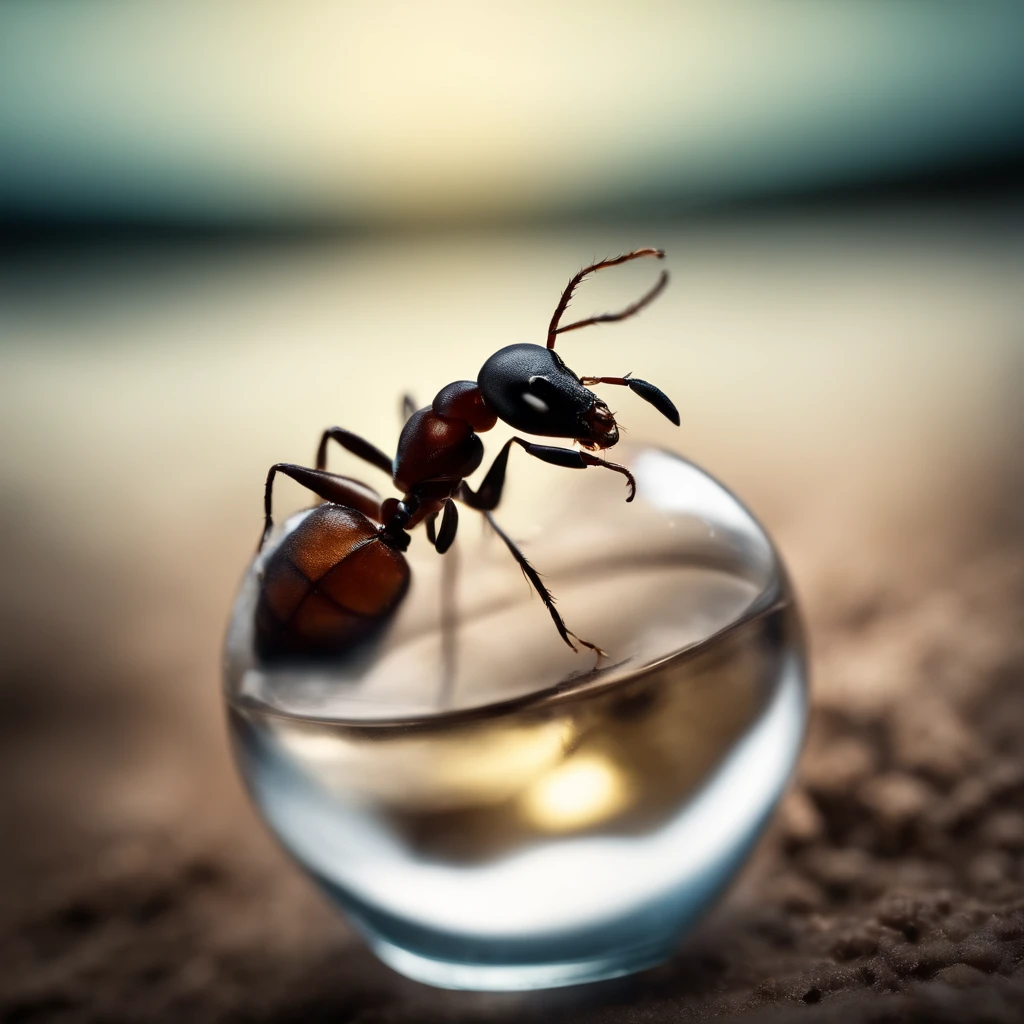 an ant is being held in a drop of water