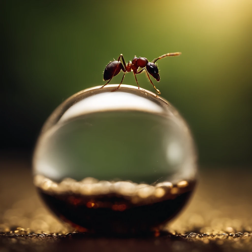 an ant is being held in a drop of water