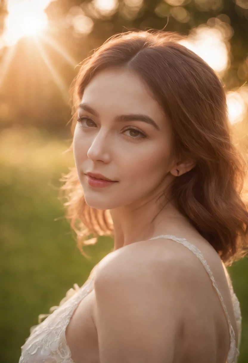Best quality,masterpiece,ultra high res,photorealistic,raw photo,unity 8k wallpaper, panorama, cinematic lighting, on grass, sunset, dappled sunlight, golden hour lighting, backlighting, blurry background, (lens flare), wind, pastel colors, soft light, 1girl,floating short hair, sad,upper body,