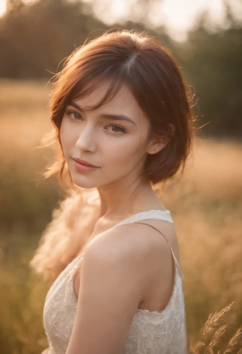 Best quality,masterpiece,ultra high res,photorealistic,raw photo,unity 8k wallpaper, panorama, cinematic lighting, on grass, sunset, dappled sunlight, golden hour lighting, backlighting, blurry background, (lens flare), wind, pastel colors, soft light, 1girl,floating short hair, sad,upper body,