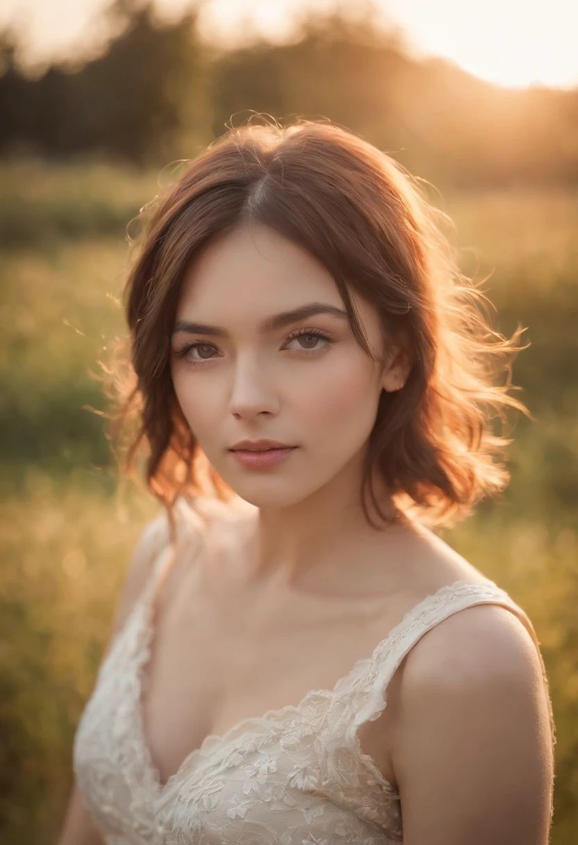 Best quality,masterpiece,ultra high res,photorealistic,raw photo,unity 8k wallpaper, panorama, cinematic lighting, on grass, sunset, dappled sunlight, golden hour lighting, backlighting, blurry background, (lens flare), wind, pastel colors, soft light, 1girl,floating short hair, sad,upper body,