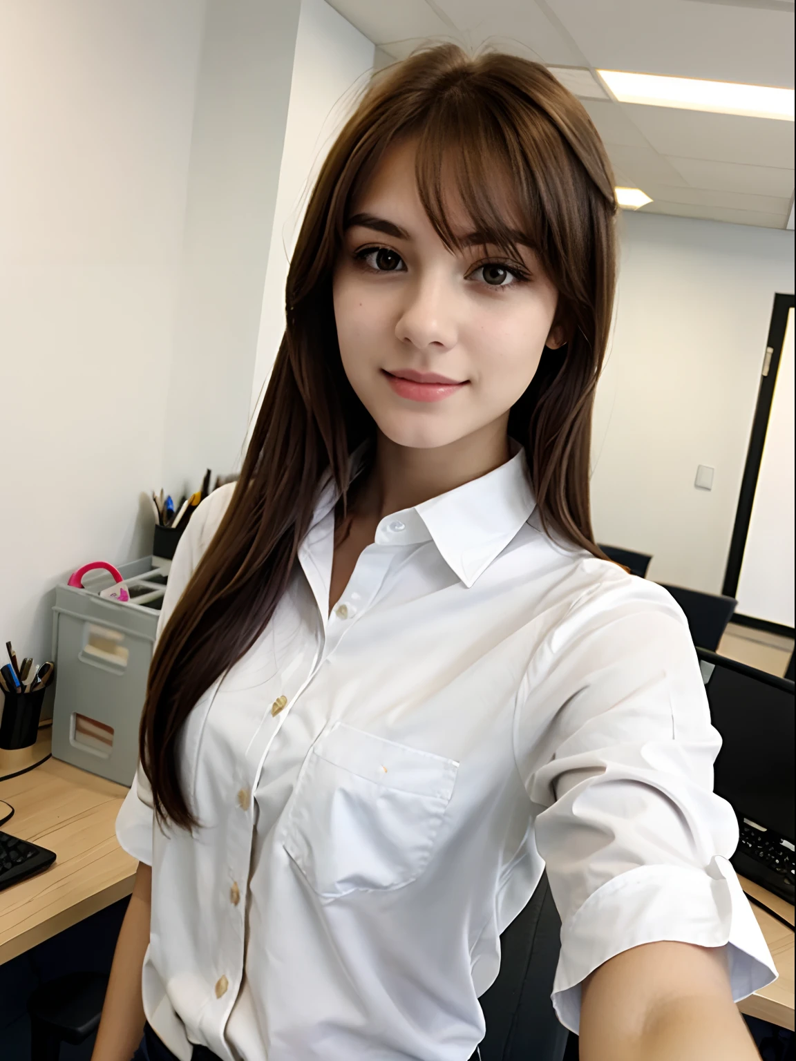 Brown-haired girl wearing white shirt selfi at work