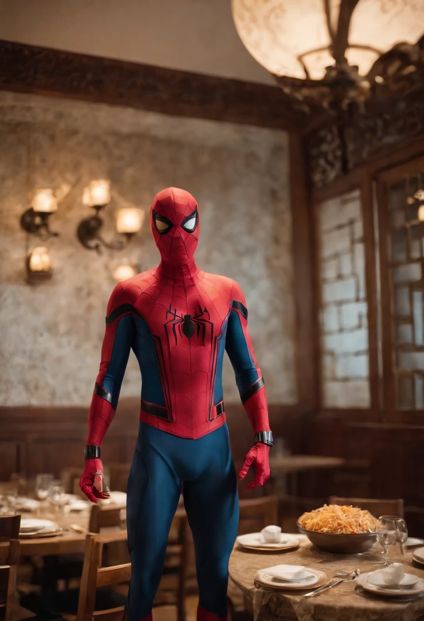 Cinematographer, ultra realista, Ropa detallada, Bellamente detallado, UHD, HDR, Altas Resoluciones, ultra detallado, Detalles intrincados, Efectos texturales, absurdos, obra maestra, 8k:1.2. En esta imagen, vemos a Spider-Man en un inusual descanso de sus actividades heroicas. He's standing in a chic Asian restaurant in his iconic costume........................... Spider-Man holds a bowl of Chinese fried rice mixed with chow mein in his hands skillfully. The restaurant is decorated with traditional Chinese elements, como linternas rojas colgando del techo y dragones dorados esculpidos en las paredes. The dim light of the lanterns creates a warm and welcoming atmosphere in the place.