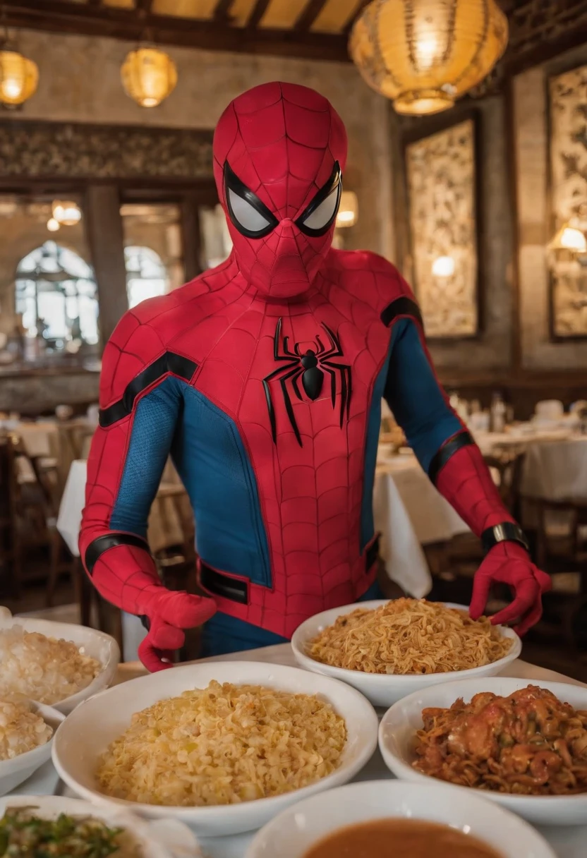 Cinematographer, ultra realista, Ropa detallada, Bellamente detallado, UHD, HDR, Altas Resoluciones, ultra detallado, Detalles intrincados, Efectos texturales, absurdos, obra maestra, 8k:1.2. En esta imagen, vemos a Spider-Man en un inusual descanso de sus actividades heroicas. He's standing in a chic Asian restaurant in his iconic costume........................... Spider-Man holds a bowl of Chinese fried rice mixed with chow mein in his hands skillfully. The restaurant is decorated with traditional Chinese elements, como linternas rojas colgando del techo y dragones dorados esculpidos en las paredes. The dim light of the lanterns creates a warm and welcoming atmosphere in the place.