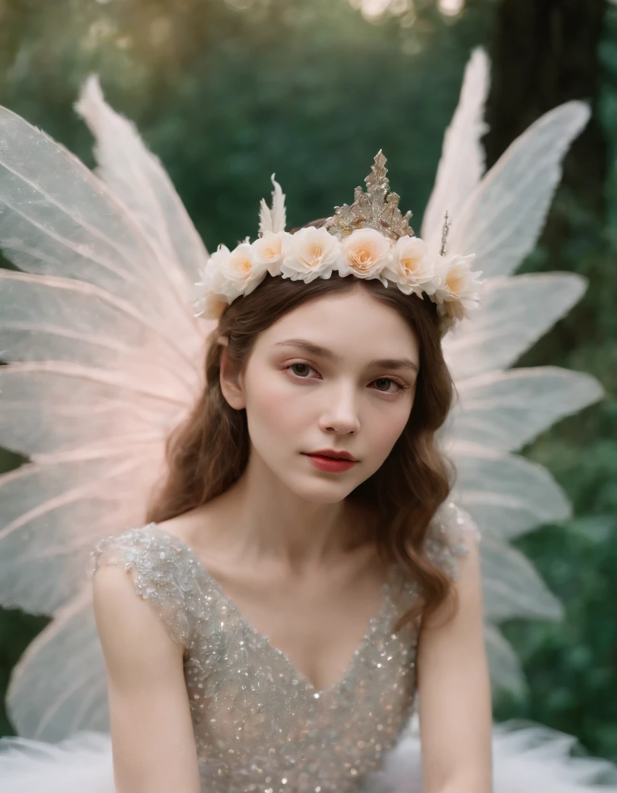 (s), Color photo of mysterious children's flower fairy, Kid with transparent colorful wings, Sitting in the Light of God, Soft Feather Skirt, Neon light, holding magic wand, Axisymmetry, grand background. Silver dress, flowercrown, starryskybackground, Nikon Z7 II Camera, Fuji Velvia 50 Film, 50mm Lens, High color saturation, ((close-up) ))