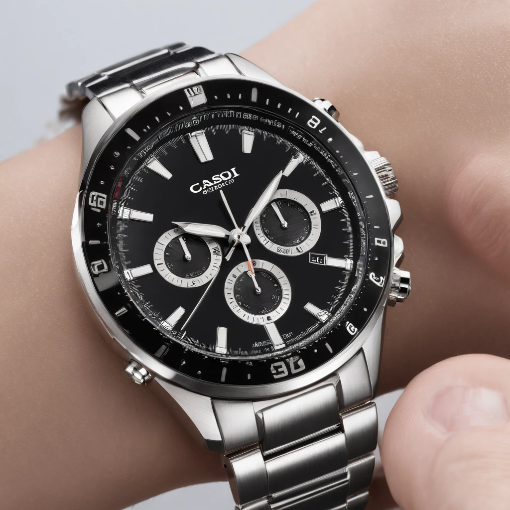(high quality:1.2),ultra-detailed,(realistic,photorealistic,photo-realistic:1.37),casio watch,sleek design,water-resistant feature,classic timepiece,precision engineering,fine craftsmanship,detailed hands and numerals,smooth stainless steel strap,accurate timekeeping,modern technology,contemporary style,minimalist aesthetics,sophisticated elegance,elegant fashion accessory,versatile everyday wear,premium materials,wrist jewelry,subtle sophistication,accurate chronograph function,sleek black dial,silver stainless steel case,scratch-resistant glass face,glow-in-the-dark hands,subtle Casio branding,sporty yet sophisticated,understated luxury,effortless style,timeless appeal,versatile color scheme,perfect gift option,parent's love token,timepiece heritage,attention to detail