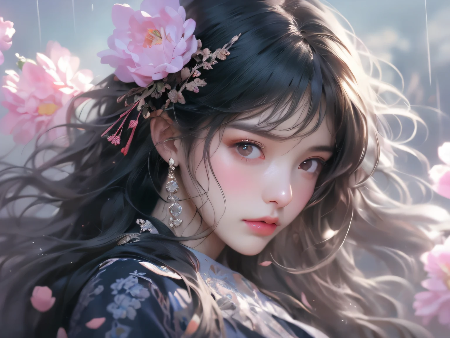 High quality, high resolution, fractal art, pink hair, pink eyes, kimono, updo, Korean glitter eye makeup, very subtle makeup, glittering hair, fantasy art, angel smile, moon visible