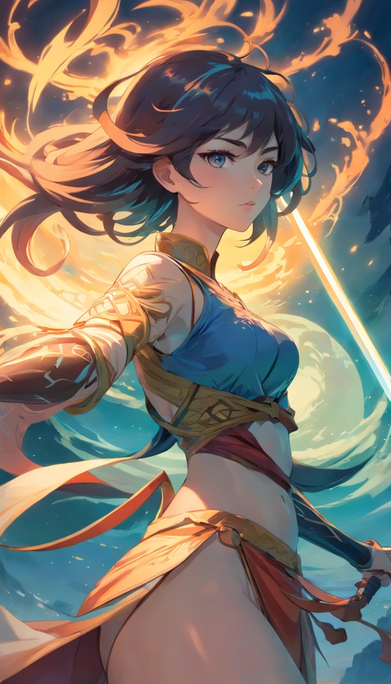 a drawing of a woman with a sword and a demon, Beautiful goddess of death, mohrbacher, inspired by Shunkōsai Hokushū, In the artistic style of Morebach, asura from chinese myth, the god of chaos, Inspired by Ryūkōsai Jokei, in style of peter mohrbacher,Big chest and buttocks up