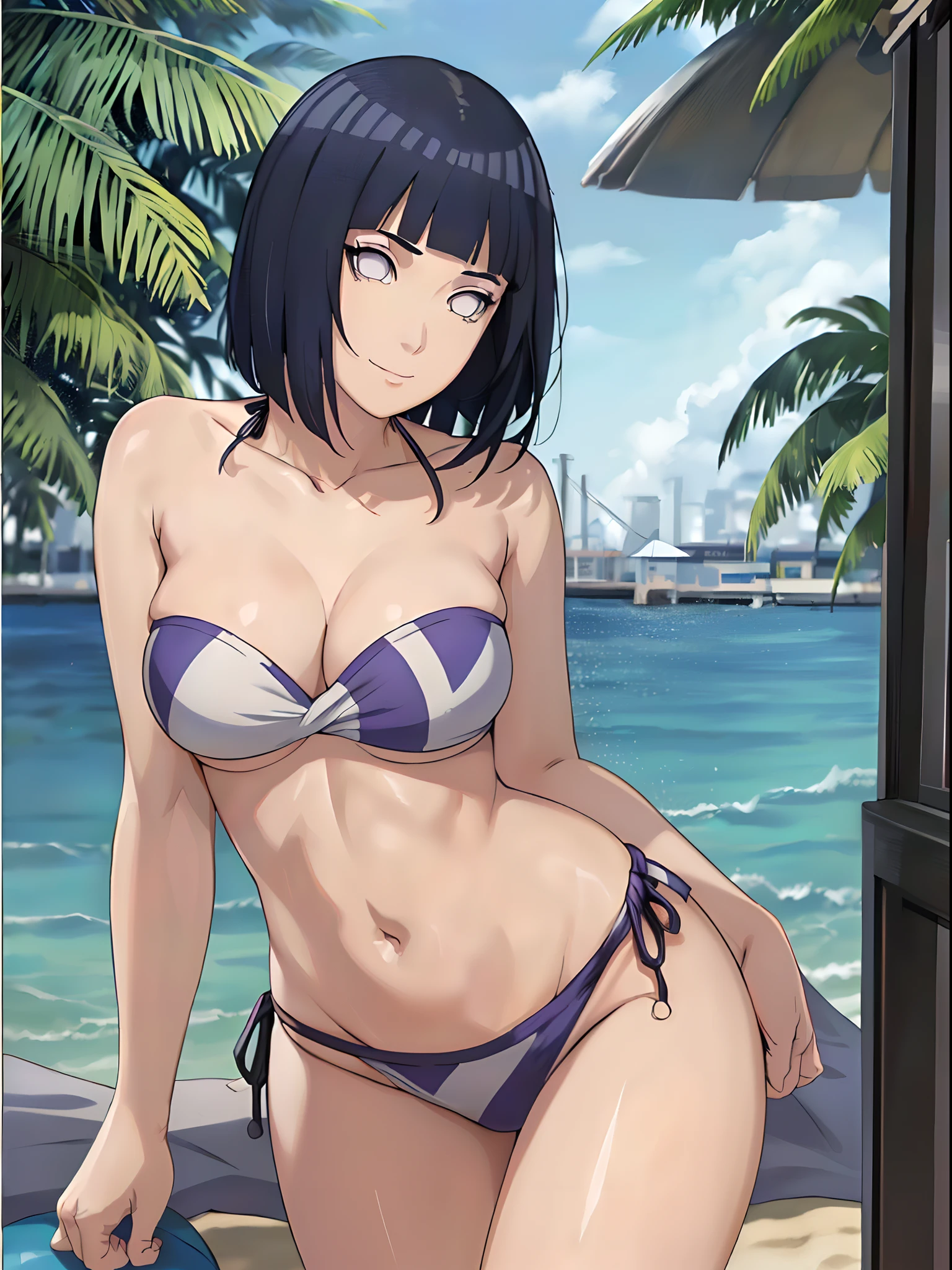 (WALLPAPER, (hinata\(boruto\), (((very simple strapless bikini))), masterpiece, 4k, vector coloring, whole body shot, (high color saturation), contrast lighting, mature female, (curvy:0.8), solo, anime style, sharp focus, professional artwork, intricate details, colorful, vibrant colors, vivid colors, digital blending, ultra detailed body, ultra detail hair, ultra detail face, trending on pixiv, very hot colors, (((beach background, outdoors))), detailed bold arm lines, high color saturation, bold lines, bold drawing lines),
(((leaning backward)), (head tilt), closed mouth, kind smile, gentle look),
((dark blue hair color:1.1), wavy hair, ((short hair, hime cut)),
(perfect eyes, white sciera, bright eyes, white eyes, anime eyes, smoky eyeliner, eyeshadow)
(white skin, (fair skin), slender body, milf, perfect face),
(legs, big breasts, off-shoulders, (detailed shoulders, detailed arm lines)),
(bare shoulders, bare legs, (closed fists),