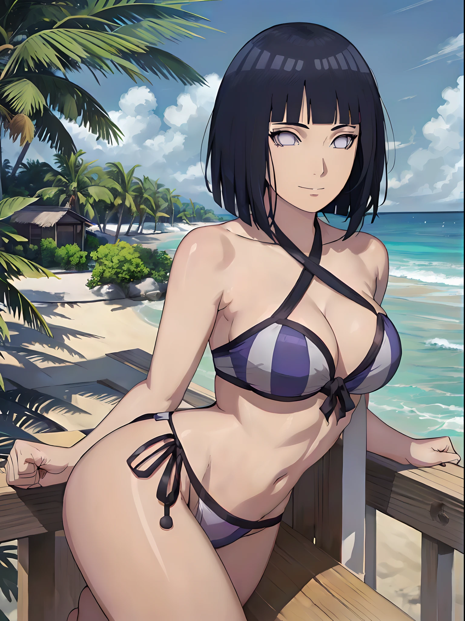 (WALLPAPER,  (hinata\(boruto\), (((very simple strapless bikini))), masterpiece, 4k, vector coloring, whole body shot, (high color saturation), contrast lighting, mature female, (curvy:0.8), solo, anime style, sharp focus, professional artwork, intricate details, colorful, vibrant colors, vivid colors, digital blending, ultra detailed body, ultra detail hair, ultra detail face, trending on pixiv, very hot colors, (((beach background, outdoors))), detailed bold arm lines, high color saturation, bold lines, bold drawing lines),
(((leaning backward)), (head tilt), closed mouth, kind smile, gentle look),
((dark blue hair color:1.1), wavy hair, ((short hair, hime cut)),
(perfect eyes, white sciera, bright eyes, white eyes, anime eyes, smoky eyeliner, eyeshadow)
(white skin, (fair skin), slender body, milf, perfect face),
(legs, big breasts, off-shoulders, (detailed shoulders, detailed arm lines)), 
(bare shoulders, bare legs, (closed fists),