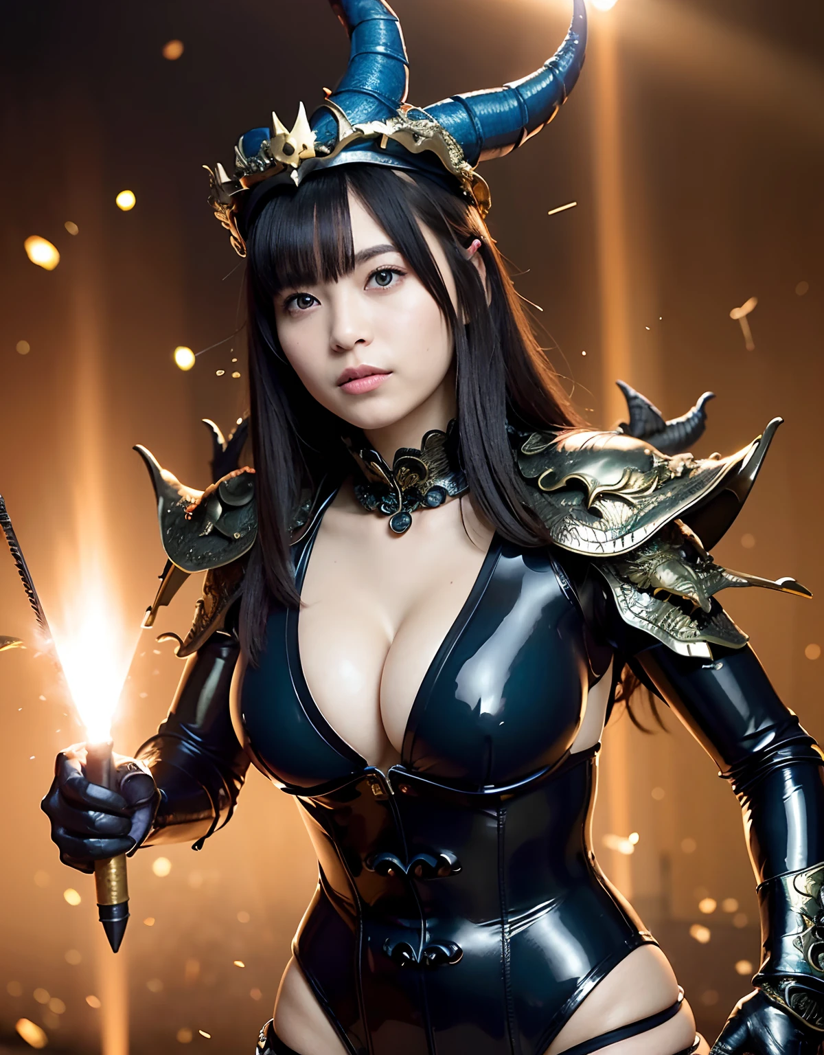 ((World of Darkness)),Professional , masterpiece、top-quality、photos realistic , depth of fields 、(((Fight dragons))),(Dragon Black Metal Body:1.9),(latex black-blue、(cleavage of the breast),(Fight dragons)、、(((Particles of light))),(Micro Bikini Armor:1.7),Gorgeous gold weapons ,(Fight dragons)、Seductive look、The face of the dragon is out、(blood splattere、Armpit、((((With a magic wand))), ) , (((Wearing a black latex wizard hat))),(demonic wings) ,((a blond))、(Castle background)、((Gangle's forest background))、Beautiful Caucasian beauty、1a person、Armpit、dynamic ungle,(((Detailed and ornate dragon wizard hat)))、Smaller head、A smile、Castle background、Thin and beautiful female hands、cleavage of the breast、Soldier in iron armor on background、Mystical expression、Light Effects、intense fighting、Wind-effect、magic circles、With the legendary magic wand、Dragon's tail、explosions、Toostock、Toostock、(Beautuful Women),