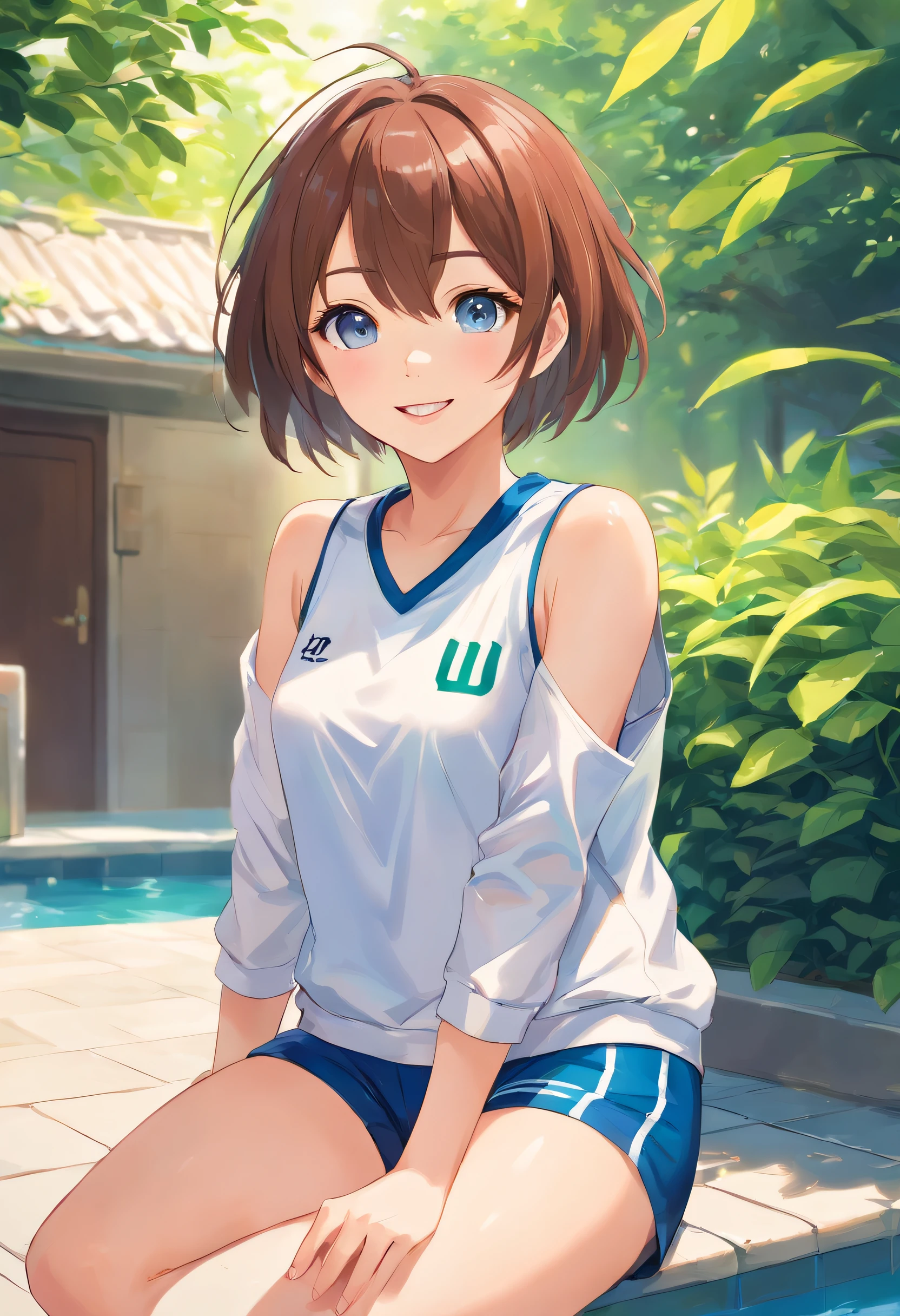 best qualtiy,ighly detailed,tmasterpiece,ultra - detailed,1girll,Full body like,symple background,Blue Sky Background,Elaborate Eyes,brown-brown hair,Blue colored eyes,white soft long legs,short detailed hair,Lively and cheerful,female high-school student,Eye of the Water Spirit,White skin and beautiful appearance,Melon Seed Face,younger sister,Laughter,grin face,Modern style,Sporty clothing,Simple sportswear
