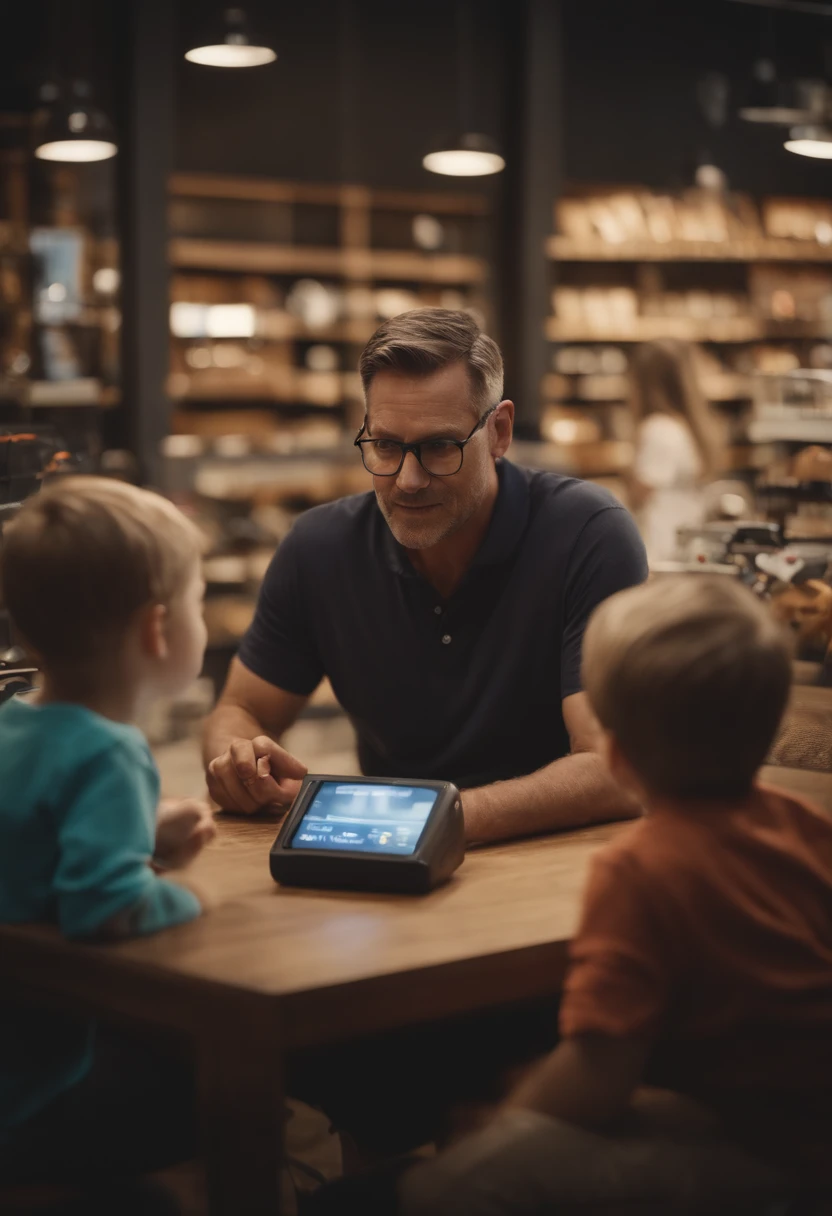 Portrait of a father explaining to his children that you should buy electronics from local retailers via OhLocal