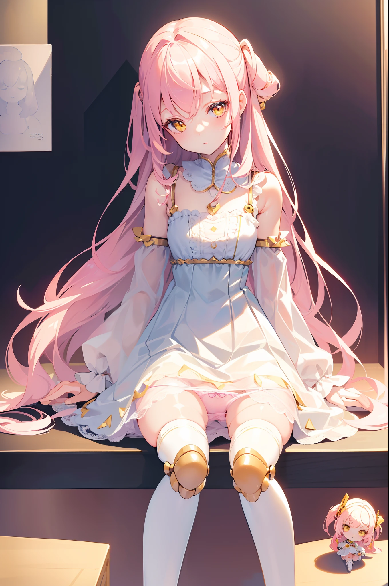 1 doll girl , cute, ((artificial joints)), (looking away), (sitting in the glass case), front, head tilt, dress, ((panty shot)) , pale pink hair,yellow eyes,((masterpiece)), ((best quality)), ((ultra-detailed)), (illustration), ((an extremely delicate and beautiful))