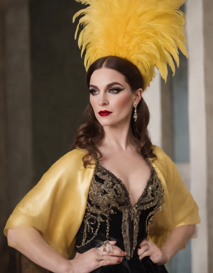 a drag queen in a very outfit holds a yellow feather in her hat, in the style of queencore, rebecca sugar, shiny eyes, beautiful, frenchy, petrina hicks, uniformly staged images, realistic ,(medium shot)