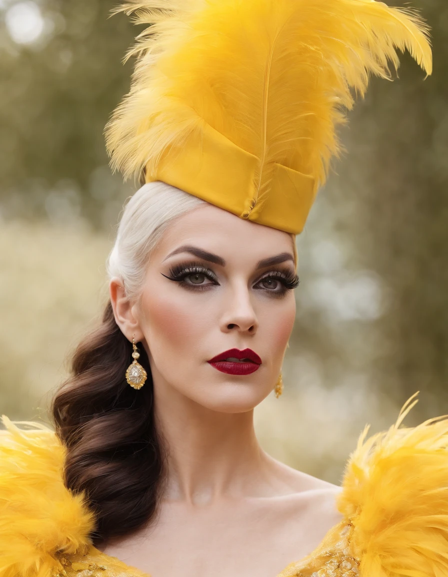 a drag queen in a very outfit holds a yellow feather in her hat, in the style of queencore, rebecca sugar, shiny eyes, beautiful, frenchy, petrina hicks, uniformly staged images, realistic ,(medium shot)