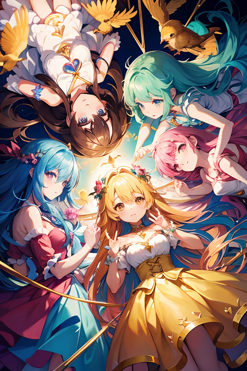 A group of 5 magical girls (mahou shoujo group) flying together around a round, golden bird cage where another magical girl is trapped and a chaotic, multicolored sky in the background and over them evil eyes of a chaotic, multicolored witch, perfect hands, rostos perfeitos, vestidos bonitos, cabelos super coloridos e vibrantes, rostos bonitos rostos perfeitos, cabelos bonitos, olhos expressivos, bocas bonitas, beautiful hands, detailed hands