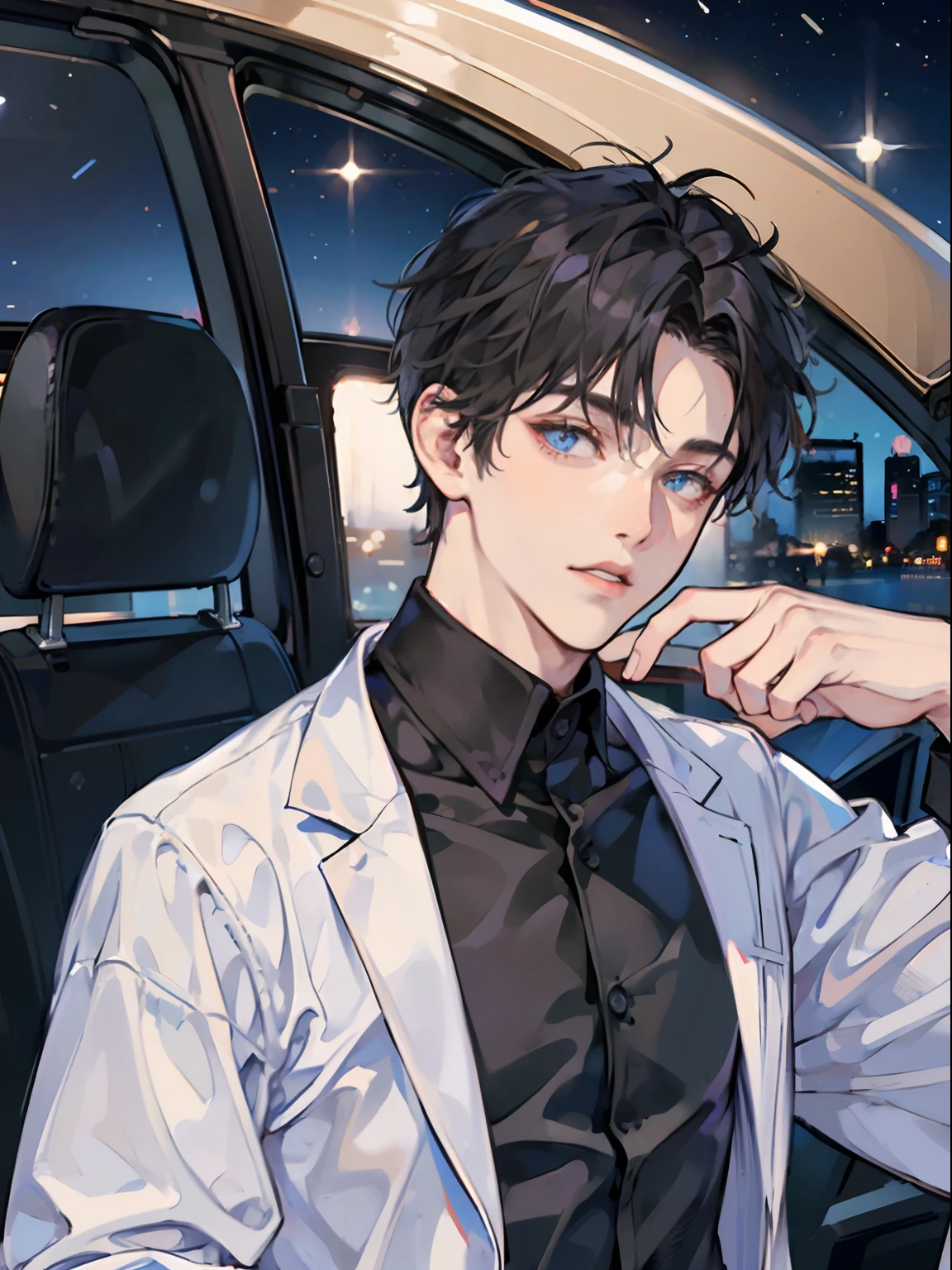 1boy,10 talents、(Man's :2) ,Handsome boy,A dark-haired、(Upper body naked:1.5)、mid night 、Inside the car、dark ilumination、hightquality、masutepiece,8K,NSFW,