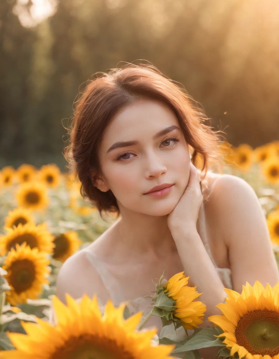 Best quality,masterpiece,ultra high res,photorealistic,raw photo,unity 8k wallpaper, panorama, cinematic lighting, on Sunflower garden, sunset, dappled sunlight, golden hour lighting, backlighting, blurry background, (lens flare), wind, pastel colors, soft light, 1girl,floating short hair, sad,upper body,