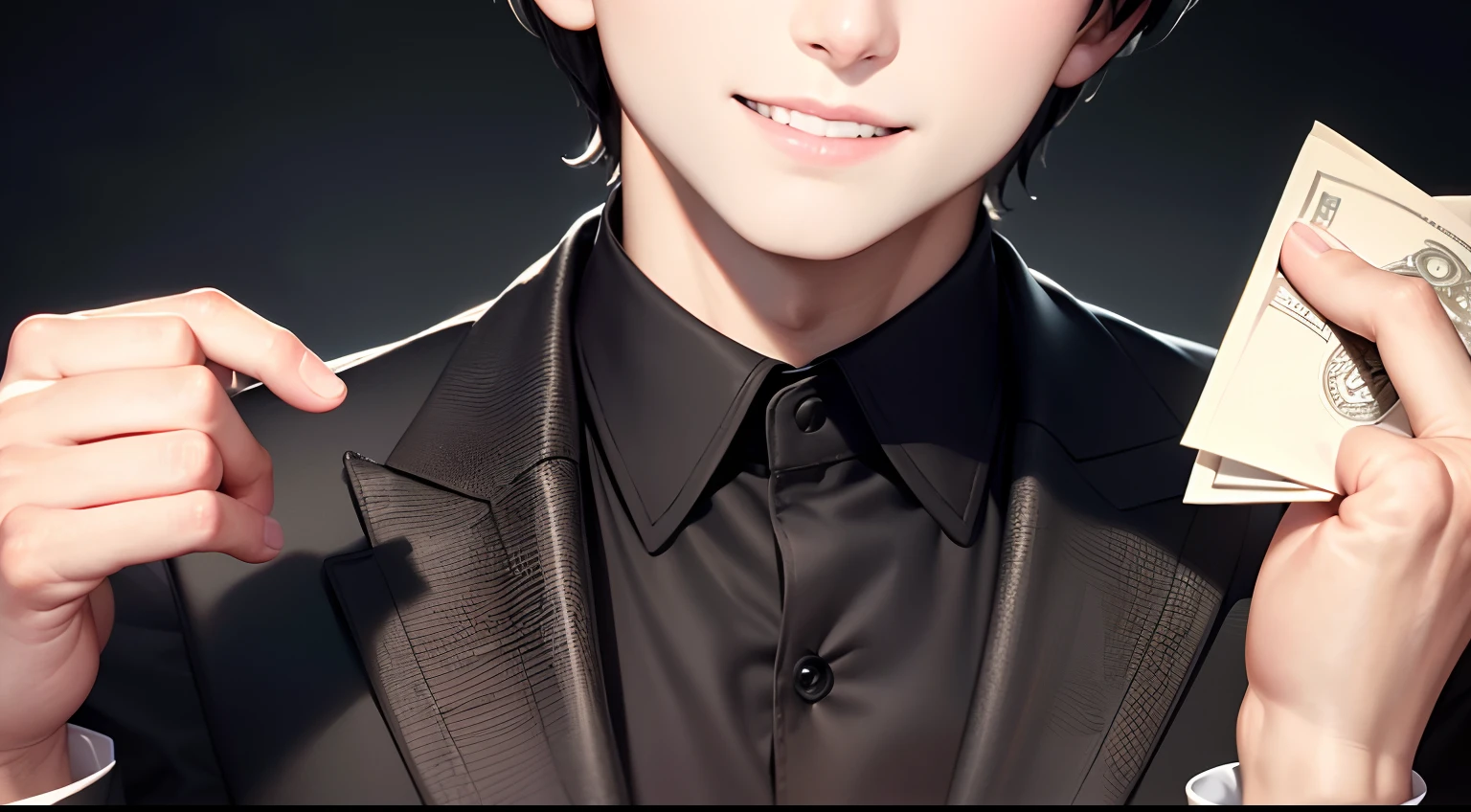 One was wearing a black suit,with short black hair,with brown eye,Eighteen-year-old handsome boy
handsome,gentleness,smile
Holding banknotes in both hands
The upper body emits a shimmering light
Close-up of upper body: Close-up display of facial expressions
