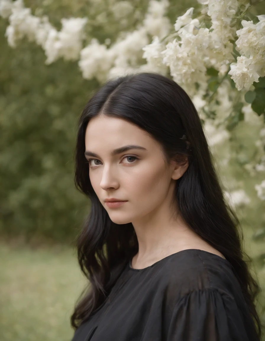 young woman with black hair and a black shirt, in the style of renaissance-style, scanner photography, ivory, cfa voysey, close-up, the helsinki school, natalia goncharova