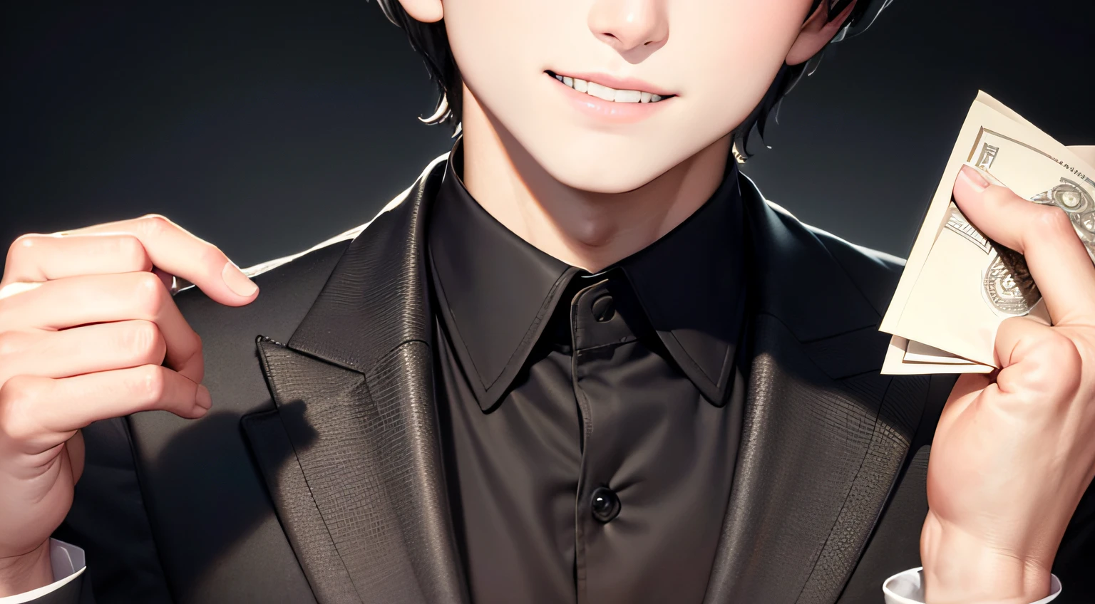 One was wearing a black suit，with short black hair，with brown eye，Eighteen-year-old handsome boy
handsome，gentleness，smile
Holding banknotes in both hands
The upper body emits a shimmering light
Close-up of upper body: Close-up display of facial expressions