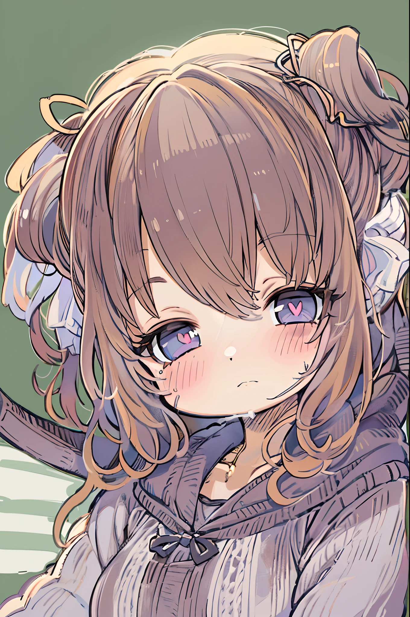 (1girl in), masutepiece, Best Quality, superfine illustration, a very pretty girl, extremely detailed beautiful face, Looking at Viewer, 1girl in, Belt bag, gros-plan, Looking at Viewer, 4K, hight resolution, bow ribbon, Phyllis Mistrout, blush, POV, twin-tail hair, White background, Simple background, thick outline, Purple eyes, (sleep), Brown hair, Chibi, expression of love,  ((Brown hair)),