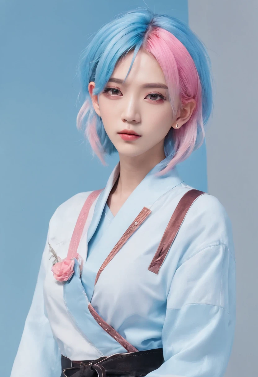 ((Male and female couples)), Idol Photos, Magazine covers, Photos of actors, Professional Photos, Height difference, tall male, Happiness, youthfulness, extra detailed face, detailed punk hair, very detailed character, inspired by Sim Sa-jeong, Cai Xukun's, detailed realistic faces, highly detailed realistic face, high detailed face anime, realistic detailed face, Accurate detailed face, attractive androgynous humanoid, Cool Korean fashion in black and white, ((Man with light blue hair)), ((Woman with pink hair)), ((Woman with long hair below waist)), ((Man with short hair over ears)), ((Pink hair woman with gentle expression)), ((Man with light blue hair with wild expression)), high-level image quality, masterpiece, Photographed so that the whole body can be seen, Photographed to make clothes look beautiful, Take your eyes off, ((two individuals)), ((British couple))