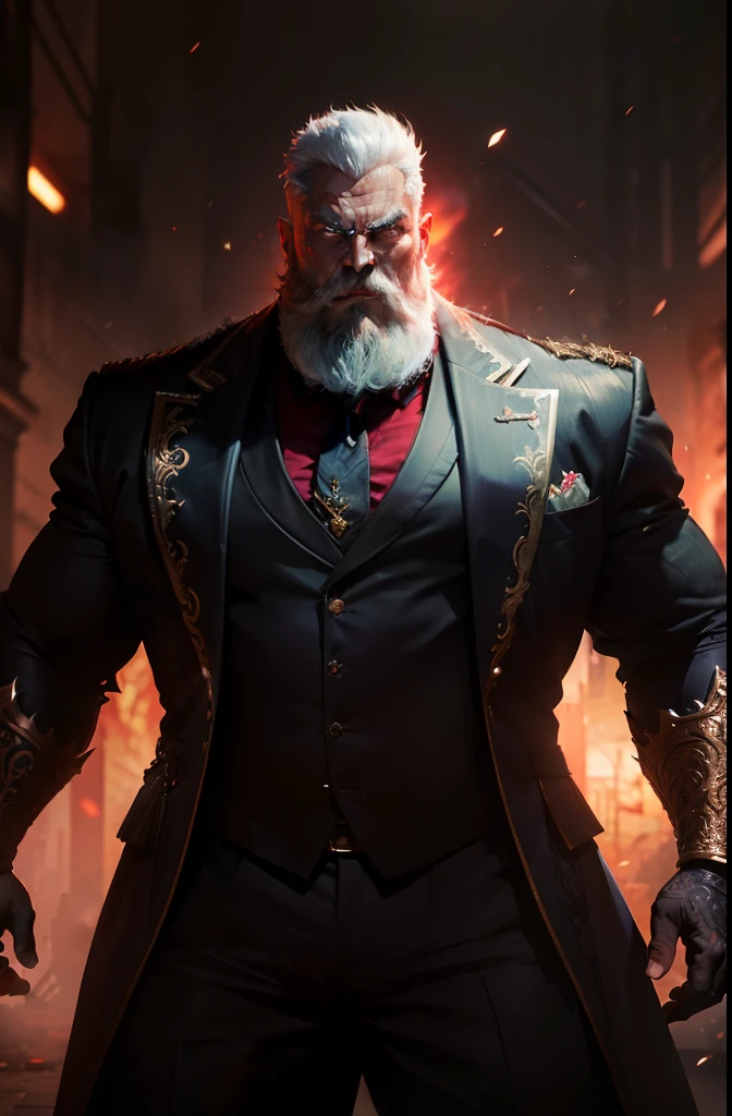 old man, bara,royal commander, thick body, slightly fat,ornate suit,long tie,white beard,short white hair,handsome, sharp gaze, in cage,glowing red eyes, big bulge, standing, hide hands behind hip, hd quality, masterpiece, extremely detailed, looking to the viewer, perspective view, UHD, 64k, unreal.(highly detailed skin), (detailed face), detailed background, dark lighting, twilight lighting, volumetric lighting, intricate details, UHD, dragon
