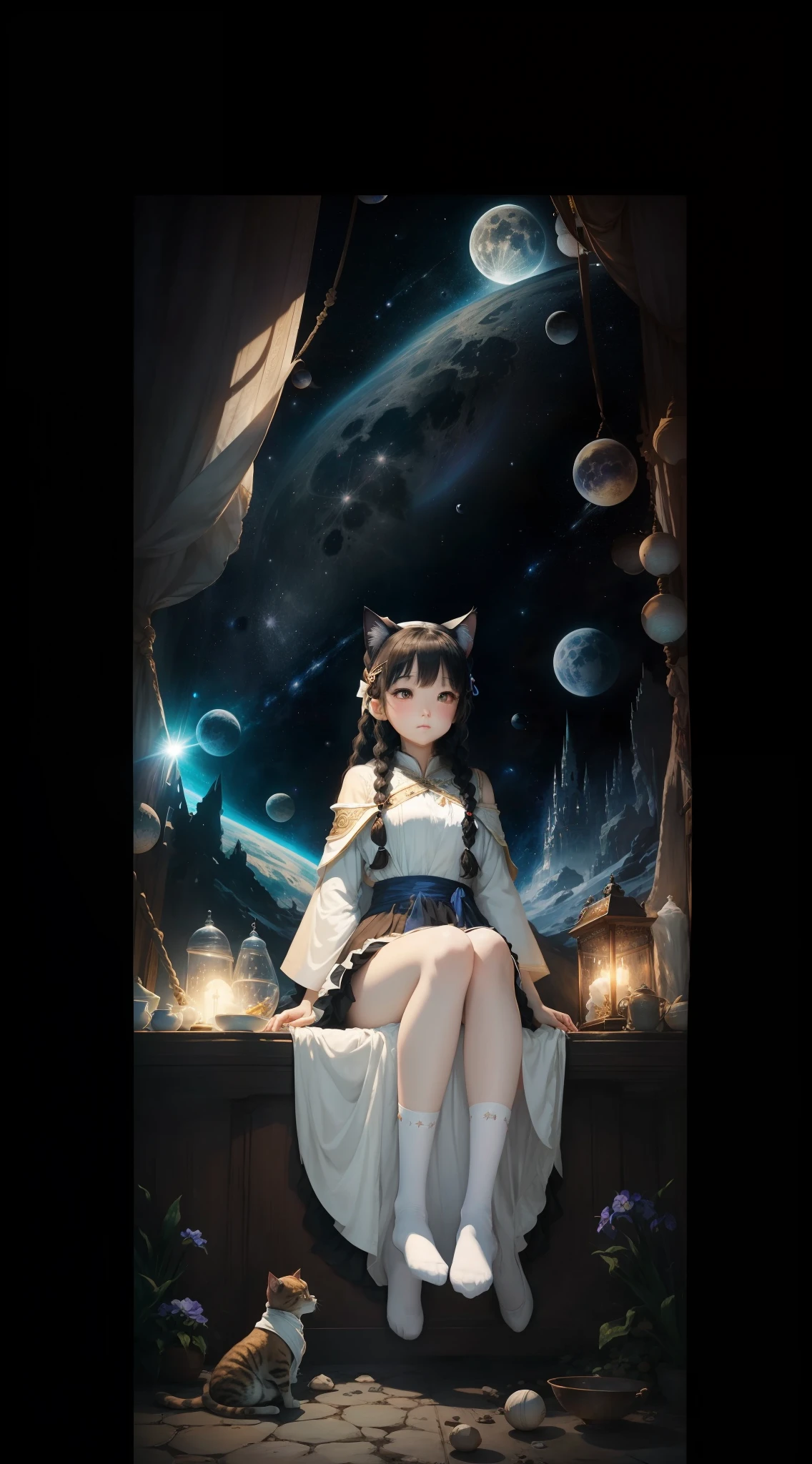 Top image quality、tmasterpiece、in style of norman rockwell、Lunar surface、beautiful fair-skinned girl、wearing wizard robes,Broken clothes,The wizard's robe tightened his body,the space 、Star 3D、The iris is blue、Beautiful little face、Perfect facial features,a small face、Light makeup、Two cat ears on the head、Black hair on braids、smallunderboob、Big buttocks、Sit on the、Full body like、Her hands were tied with ribbons,hangs in the air、long skirt、No shoes、Sexy legs、Wear white tall socks,legs separated,Tiptoe,the rule of thirds、Ultra-wide angle low angle --auto