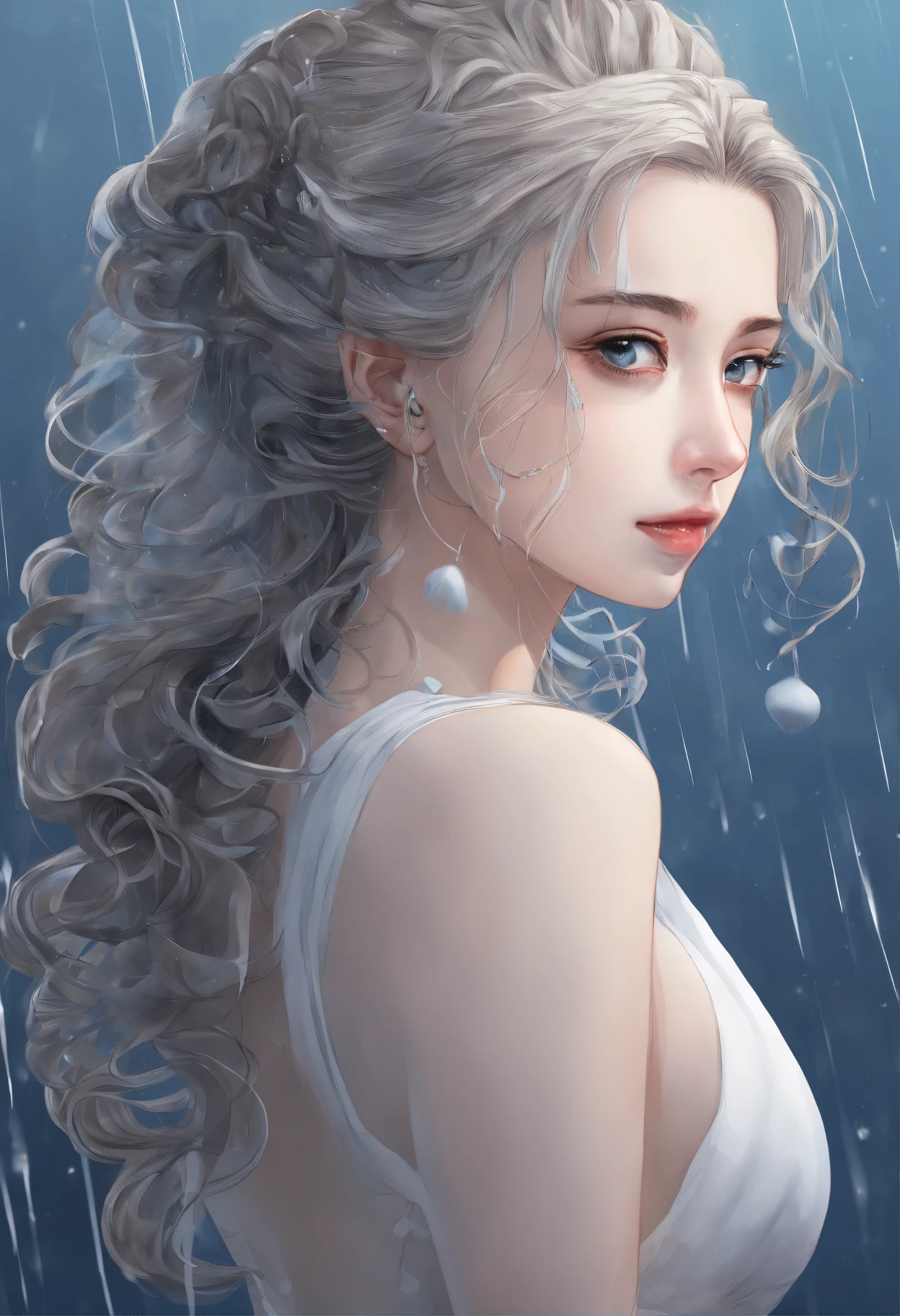 Sad girl,cry,darkness,Rain sky,。.。.。.。.。.。.。.。.。.。.。.。.。.。.。.。.。.。.。.。.。.3D,Upscale,hard disk,Blonde short,is crying,with his back turned