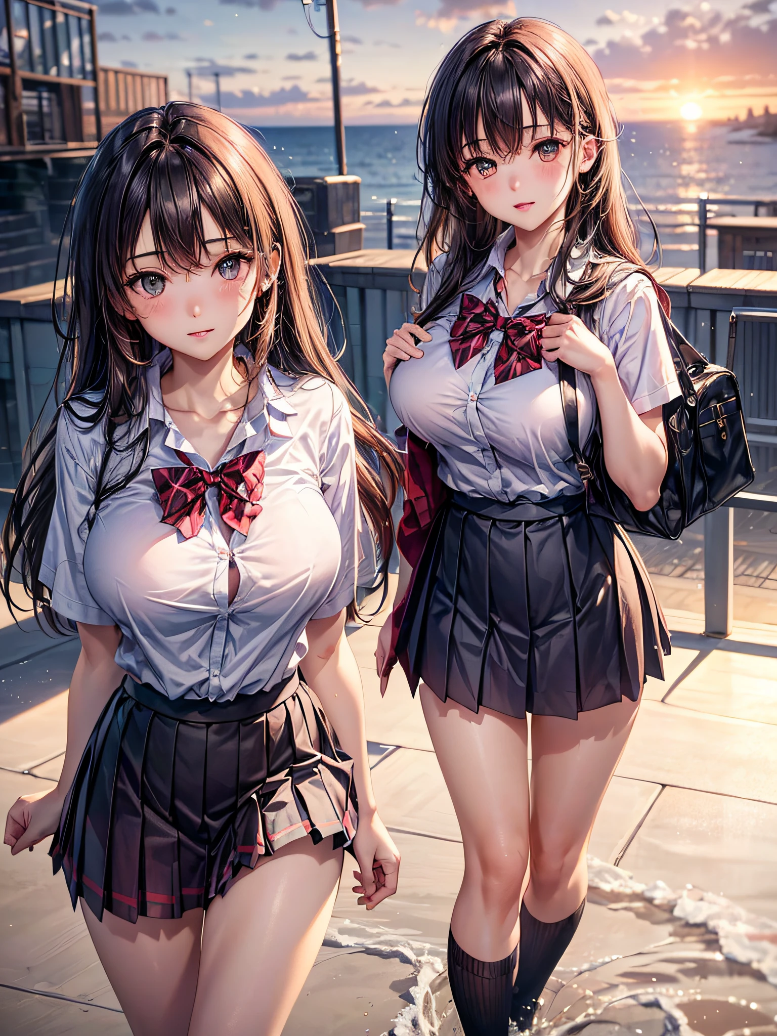 (ung girls), (best quality), (ultra-detailed), (detailed light), (an extremely delicate and beautiful), brown hair, brown eyes, model, (Beautiful big breasts:1.3), bare shoulders, (bare breasts:1.2), (hi-school uniform, pleated skirt:1.3), (hi-school uniform with wide open breasts:1.4), best quality, extremely detailed CG unified 8k wallpaper, High-definition raw color photos, professional photography, (((Bokeh))), depth of fields, beach, sea, twilight, sunset,