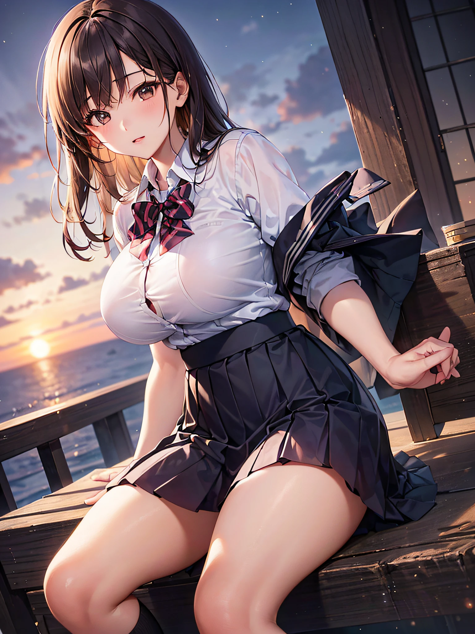 (2ung girls), (best quality), (ultra-detailed), (detailed light), (an extremely delicate and beautiful), brown hair, brown eyes, model, (Beautiful big breasts:1.3), bare shoulders, (bare breasts:1.2), (hi-school uniform, pleated skirt:1.3), (hi-school uniform with wide open breasts:1.4), best quality, extremely detailed CG unified 8k wallpaper, High-definition raw color photos, professional photography, (((Bokeh))), depth of fields, beach, sea, twilight, sunset,