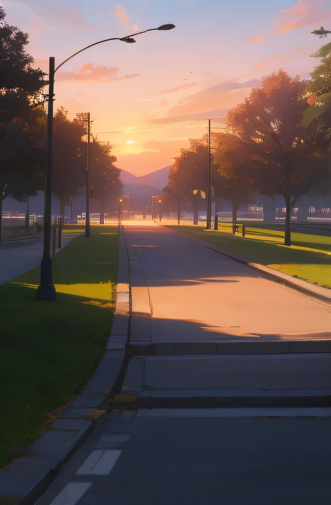 Animated,high-level image quality,Park path,With the sunset behind you,with light glowing