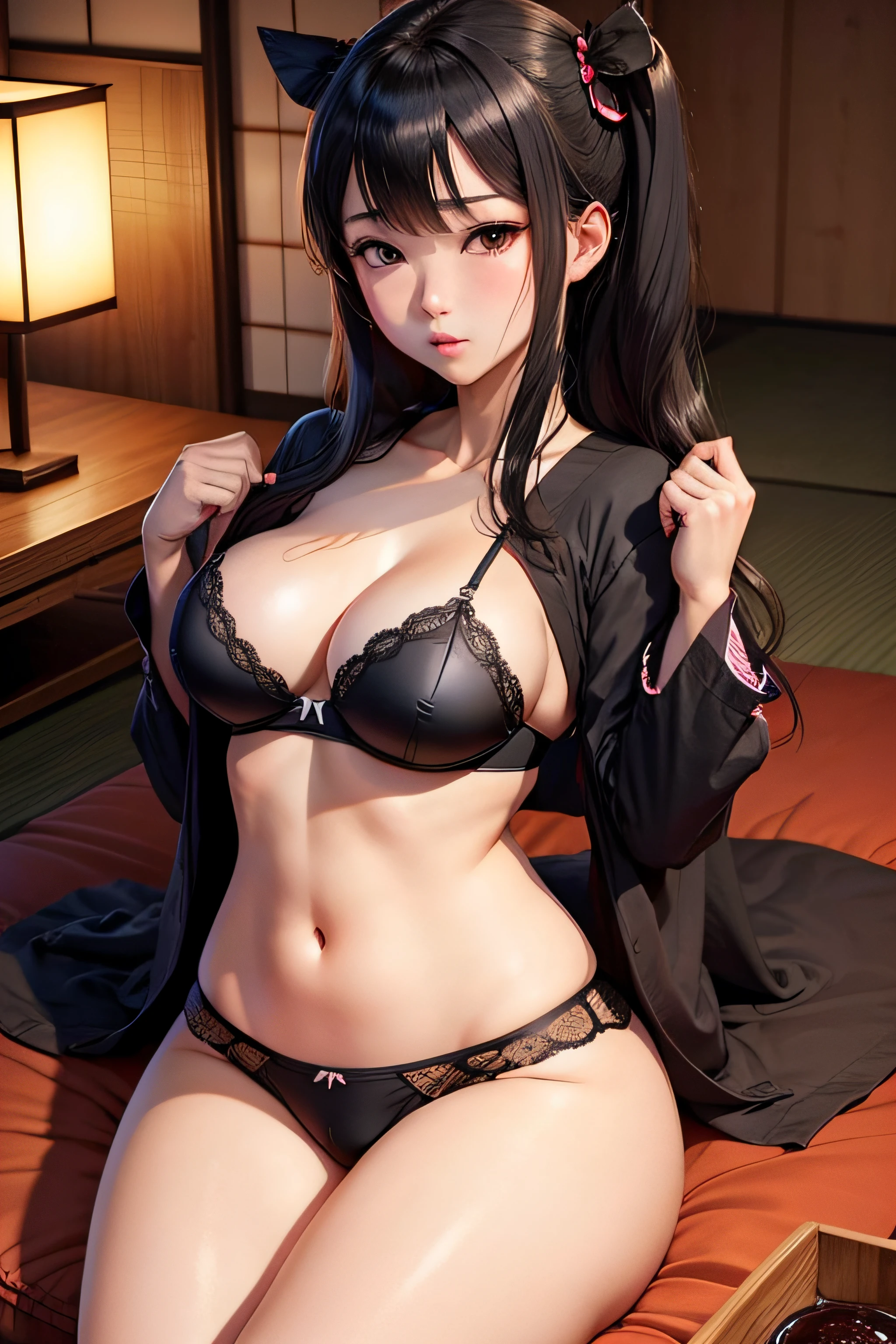 komono Fluttershy large full breasts Black underwear natta alcohol traditional Japanese room futon bedding A dark-haired Medium hair full bodyesbian