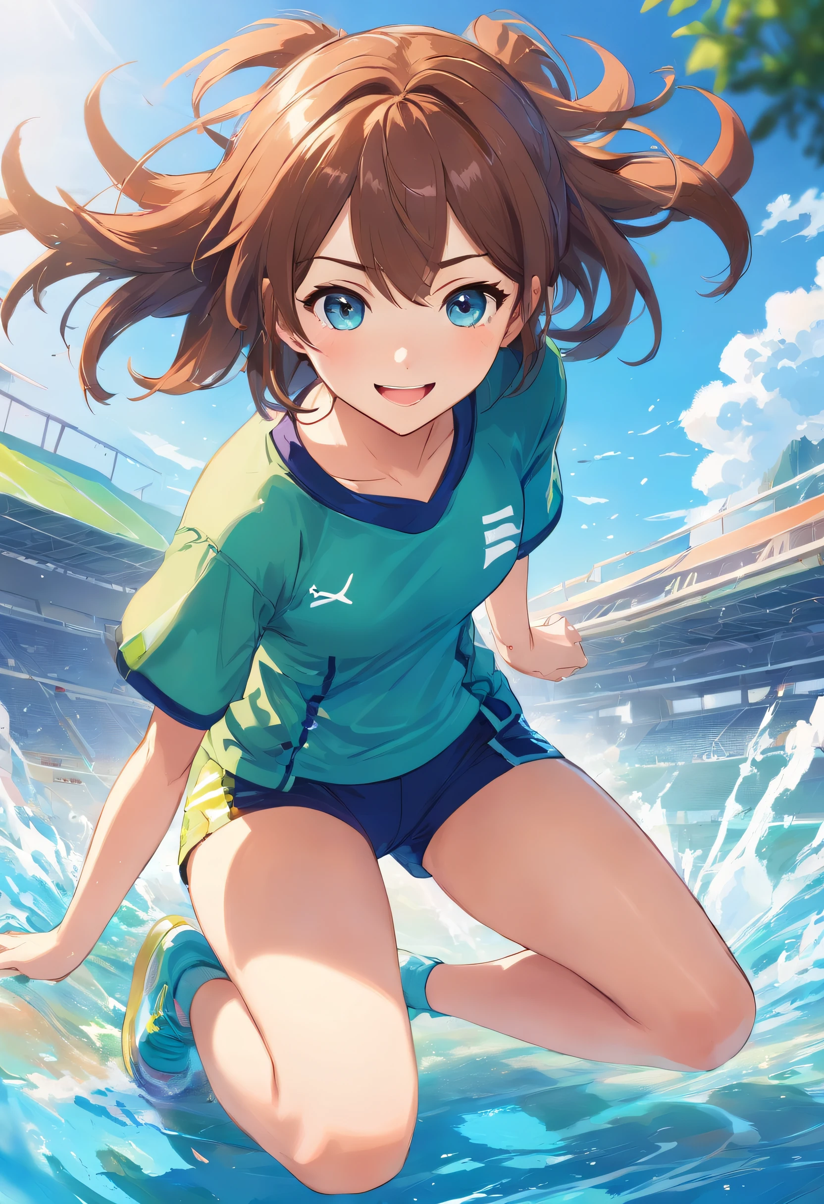 best qualtiy,ighly detailed,tmasterpiece,ultra - detailed,1girll,Full body like,symple background,Blue Sky Background,Elaborate Eyes,brown-brown hair,Blue colored eyes,white soft long legs,short detailed hair,Lively and cheerful,female high-school student,Eye of the Water Spirit,White skin and beautiful appearance,Melon Seed Face,younger sister,Laughter,grin face,Modern style,Sporty clothing,Simple sportswear