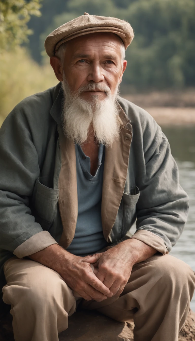 Old fisherman SITTING BY THE RIVER , professional color grading, soft shadows, no contrast, clean sharp focus, film photography