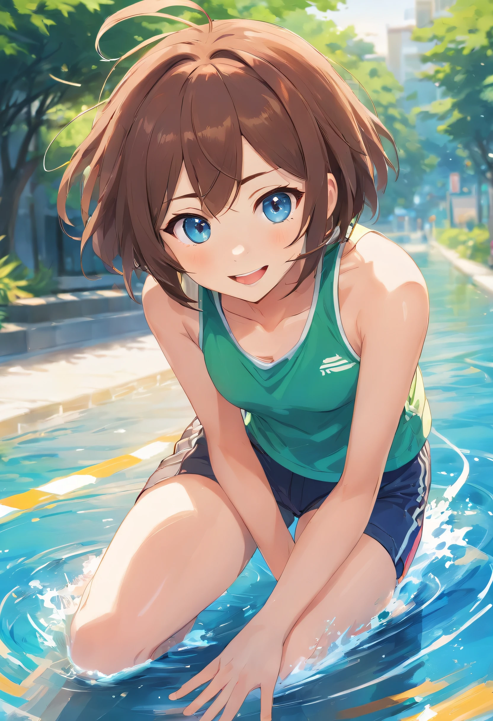 best qualtiy，ighly detailed，tmasterpiece，ultra - detailed，1girll，Full body like，symple background，Blue Sky Background，Elaborate Eyes，brown-brown hair，Blue colored eyes，white soft long legs，short detailed hair，Lively and cheerful，female high-school student，Eye of the Water Spirit，White skin and beautiful appearance，Melon Seed Face，younger sister，Laughter，grin face，Modern style，Sporty clothing，Simple sportswear