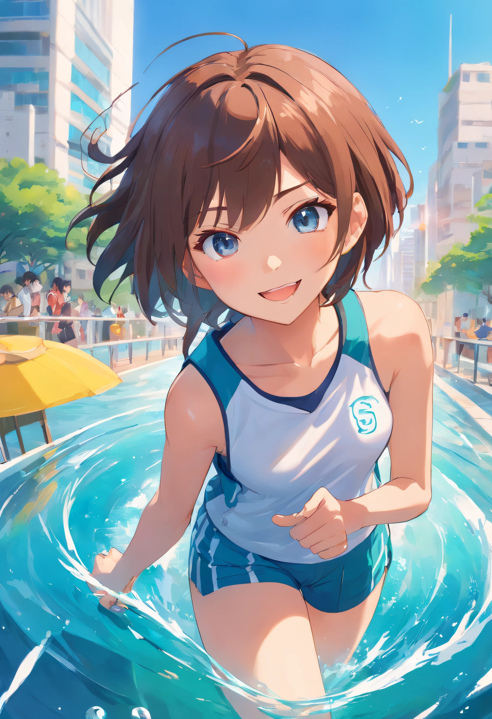 best qualtiy,ighly detailed,tmasterpiece,ultra - detailed,1girll,Full body like,symple background,Blue Sky Background,Elaborate Eyes,brown-brown hair,Blue colored eyes,white soft long legs,short detailed hair,Lively and cheerful,female high-school student,Eye of the Water Spirit,White skin and beautiful appearance,Melon Seed Face,younger sister,Laughter,grin face,Modern style,Sporty clothing,Simple sportswear